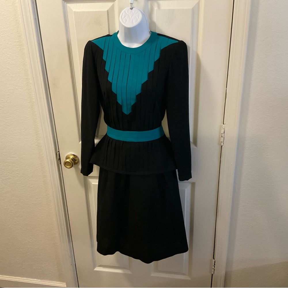 Vintage Joanie Char Elegant Black and Teal Dress excellent condition
